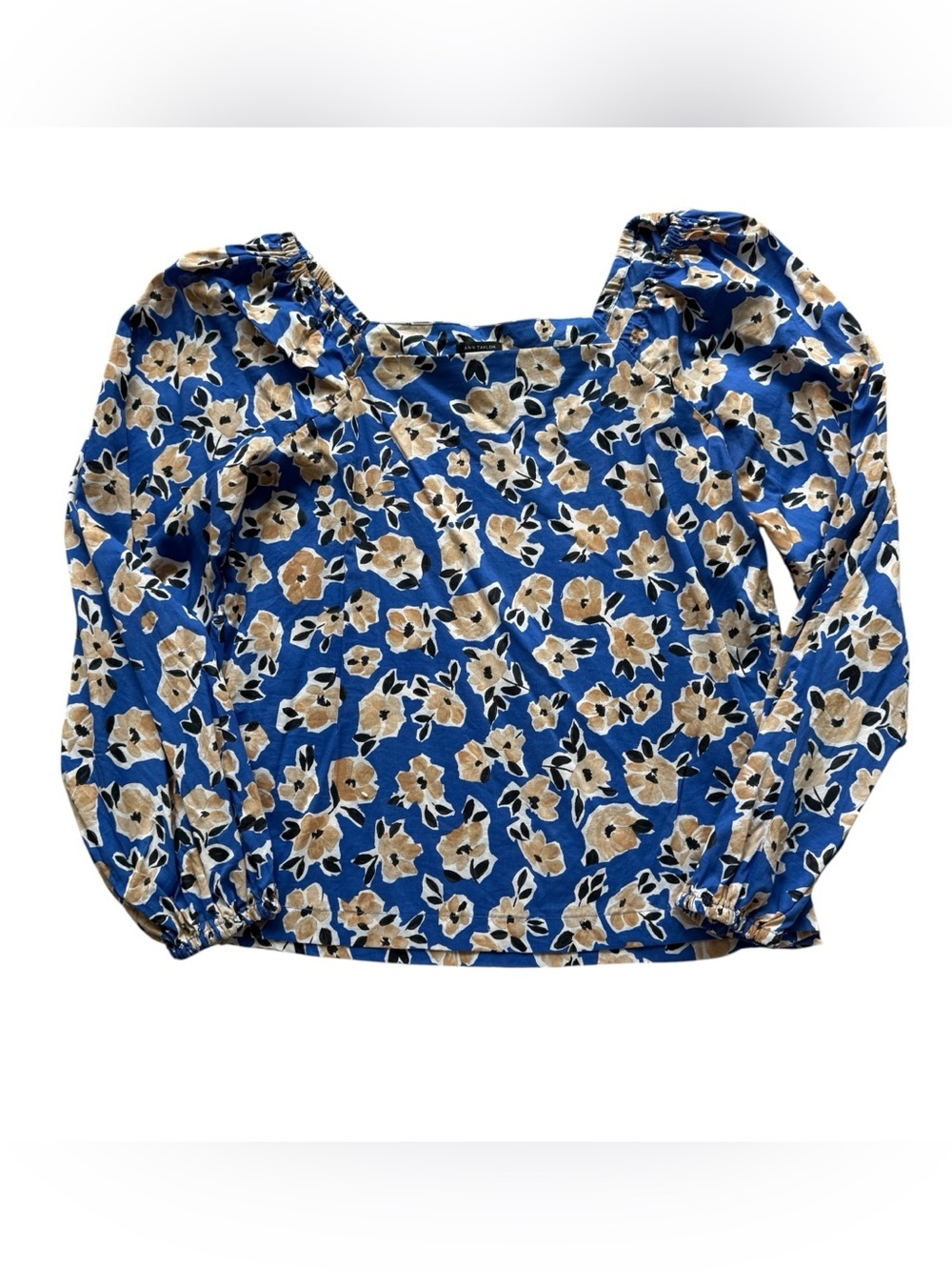 Ann Taylor Floral Square Neck Puff Sleeve Blouse Blue Tan M Tall Boho Office